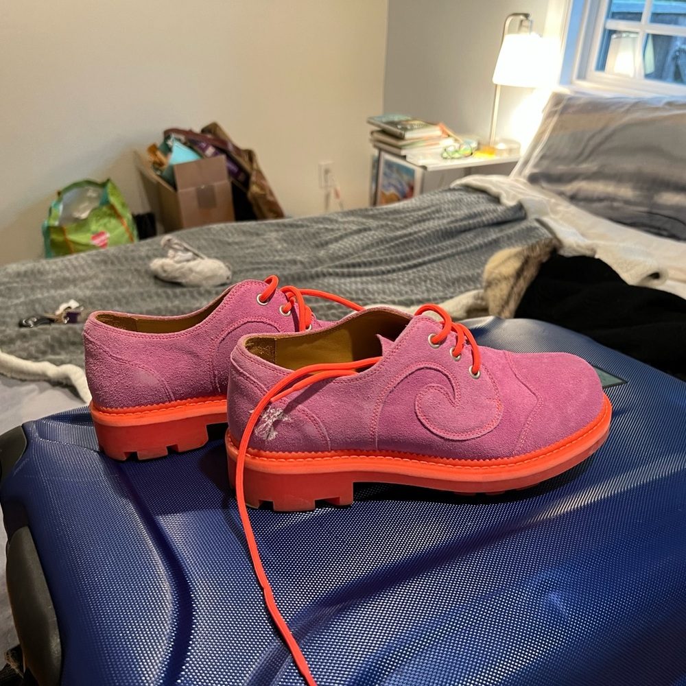 John Fluevog x Anna Sui collab orchid Derby Swirls.